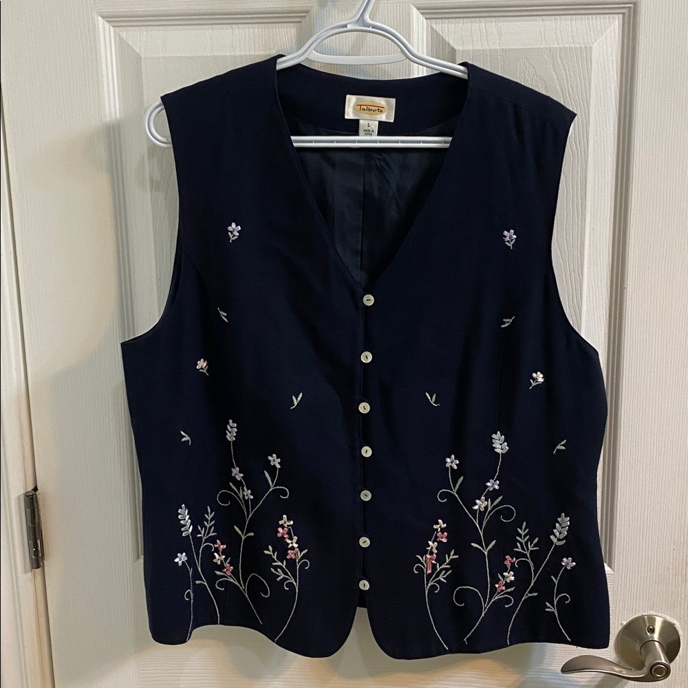 Vintage Talbots Embroidered Ribbons Linen Blend Floral Navy Button Up Vest Large